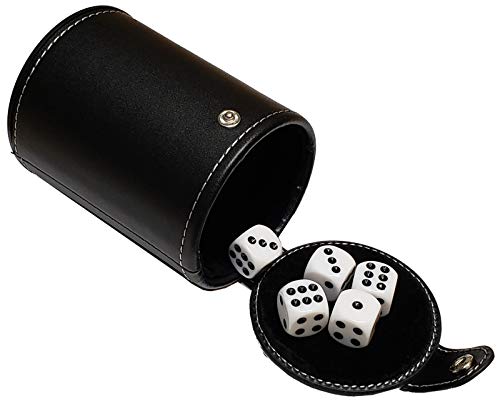 Set (5) 16mm Dice Rounded Corners (White) + PU Leather Black Velvet Lined Dice Cup with Storage Compartment (Gift Boxed)