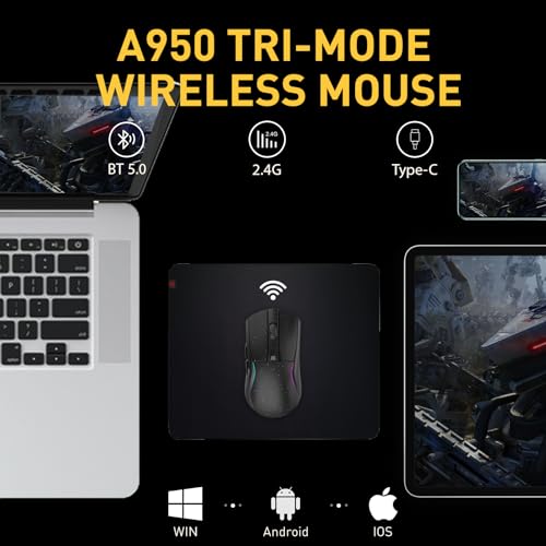 DAREU A950 Wireless Gaming Mouse with RGB Charging Dock,88g Lightweight Programmable Tri-Mode Wireless Mouse Gaming, Up to 12K DPI,1000Hz,120Hrs Playtime with RGB Backlit, Great for PC, Mac - color: Black