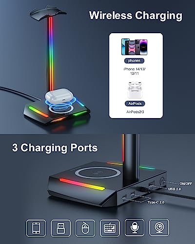 New Bee RGB Headphone Stand with 2 USB-C & 1 USB Charging Ports, Desk Gaming Headset Holder with 7 Light Modes and Non-Slip Rubber Base Suitable for All Earphone Accessories | 2 USB-C & 1 USB Charging Ports, 7 Light Modes, All Earphone Accessories