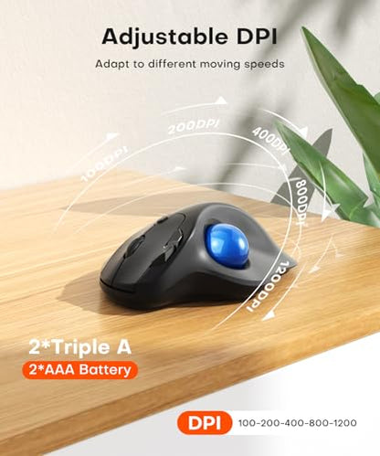 Ergonomic Wireless Trackball Mouse, 3 Device Connection (Bluetooth or 2.4G USB Receiver) Bluetooth Quiet Computer Mouse, 2*AAA Battery Thumb Laptop Mice with 5 Level DPI for PC/Laptop/Mac/Windows Blue - color: Blue