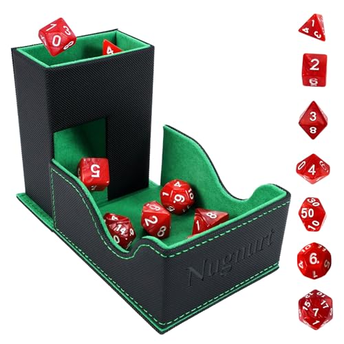 Dice Tower & DND Dice Tray, Foldable Portable Dice Rolling Tower with Tray and Storage, DND Dice Accessory for Dungeons and Dragons, PU Leather Dice Box with 7 Dice, Black/Green - color: Green