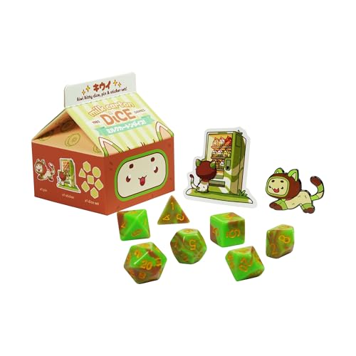 1985 Games Kiwi Kawaii Cat Dice Set – Milk Carton-Inspired Dice for DND | TTRPGs & Tabletop Roleplaying - color: Kiwi
