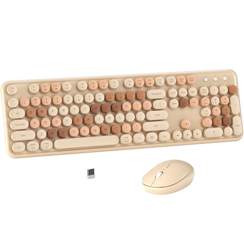 MPTOG Wireless Computer Keyboard and Mouse Combo (Milk-Tea Colorful) | Retro Round Typewriter Keycaps, Power Switch, Ergonomic Design, 2.4GHz Wireless for Windows, Mac, PC - color: Milk Tea-Colorful