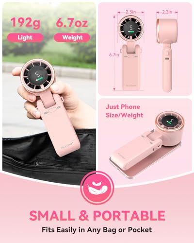 PlayHot Portable Handheld Turbo Fan, Travel Essentials, Gifts for Women/Men | 5-Speed, Up to 12H, 10m/s Airflow, USB-C Rechargeable, LED Display, 3-in-1 Foldable Personal Fan for Cruise, Beach, Vacation - color: Pink