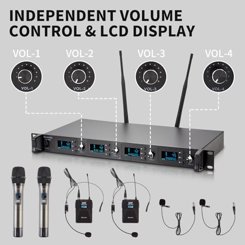 4 Channel Wireless Microphone System UHF 2 Cordless Handheld Mics and 2 Lavalier Headset Mics for Karaoke Church Speaking Conference Meeting Party, 4x25 Adjustable Frequency (2 Handheld + 2 Bodypack) - size: 2 Handheld + 2 Bodypack