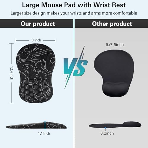 Canjoy Mouse Pad with Wrist Rest, Ergonomic Wrist Support with Massage | Ergonomic Massage Design & Relax and Relieve Fatigue & Non-Slip & PU Base, Comfortable Computer Mousepad for Office Home - color: Black Topographic