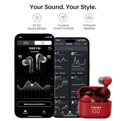TOZO T20 Wireless Earbuds 97H Playtime, Wireless Charging LED Display Case | 10mm Deep Bass Sound, Dual Mic ENC Clear Calls, IPX8 Waterproof, Bluetooth 5.3, Comfortable Fit Ear Buds For Daily Use, Red - color: Red