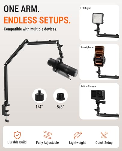 Low Profile Mic Arm for Lightweight Mics, Foldable Boom Arm with Desk Clamp, Mic Clip & 1/4" 3/8" 5/8" Adapters, 360° Metal Ball Head for Podcasting, Streaming & Gaming