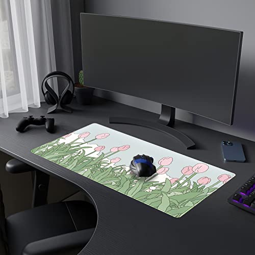 WatercolorTulip Flower Mouse Pads,Extended Gaming Mousepad XXL Kawaii Anime Desk Mat Pink Green Large Full Desk Mouse Pad for Wireless Mouse Keyboard Mat with Stitched Edges 31.5" x15.75 - color: A Pink Tulip