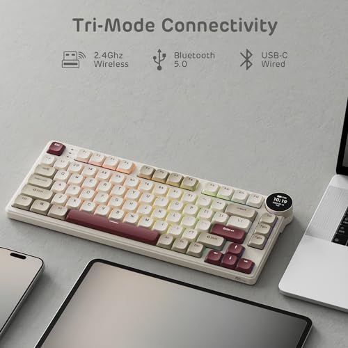 RK ROYAL KLUDGE N80 Low Profile Mechanical Keyboard w/Smart Display Screen & Knob, 75% Top Mount 3-Modes Wireless Mechanical Keyboard, Software Support, Massive Battery, 80 Keys, Quiet Red Switch - color: Dune Red, size: Low profile Red Switch