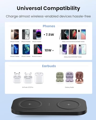 Wireless Charger, 10W Max Dual Charging Pad for iPhone 17/16/15/14/13/12/11/XR/X/8, Airpods 4/3/2/Pro, Samsung Galaxy S25/S24/S23/S22/S21, QC 24W Adapter, Charging Adapter