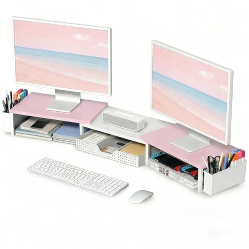OPNICE Desk Organizers and Accessories, Dual Monitor Stand Riser with Drawer and 2 Pen Holders, Desk Shelf Computer Racks for Office Workspace Organizers, Desktop Organization (Pink-White) - color: Pink-White