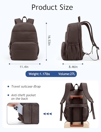 Uselike Travel Backpack for Women, 15.6 Inch Laptop Backpack, Quilted College Bookbag, Cute Work Backpacks, Water Resistant (Dark Brown) - color: Dark Brown