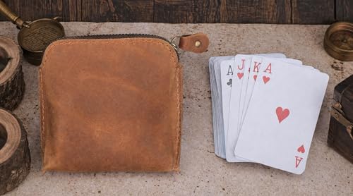 Premium Full Grain Leather Playing Card Case, Zippered Playing Card Holder for Poker Bridge Cards, Durable Leather Card Deck Storage Organizer Travel Card Carrying Pouch Multi Purpose Wallet - color: Tan