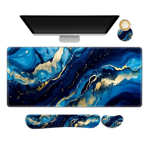 Desk Mat Pad, Gaming Mouse Pad Wrist Support Set, 4 in1 Non-Slip XXL Large Mousepad + Ergonomic Keyboard Wrist Rest+Mouse Wrist Rest+Coaster for Home Office Computer I Blue Gold Marble - color: Blue Gold Marble