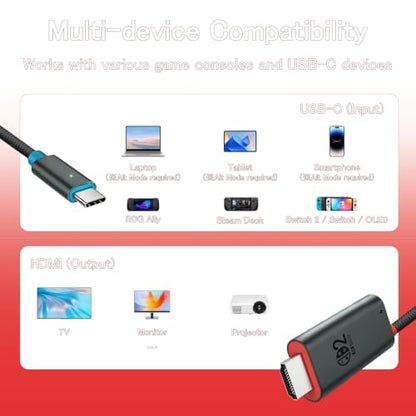 for Switch 2 Dock HDMI Adapter, 4K@60Hz TV Output, PD 100W USB-C Fast Charging, Type-C to HDMI Cable Compatible with Switch 2/OLED/Steam Deck/ROG Ally/Laptops/Phones