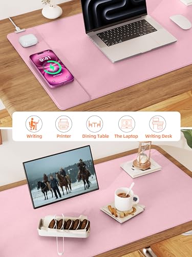 TopMade Mouse Pad with 15W Wireless Charging, XXL Large Leather Desk Mat, Waterproof Gaming Mousepad Home Office Desk Pad Protector, Pink (Includes 20W PD Power Adapter & 6.56ft Woven Cable) - color: Pink With Adapter