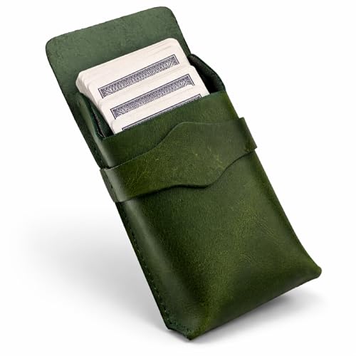 Leather Playing Card Case – Full Grain Leather Deck Holder for Poker Cards, Travel Card Deck Box Organizer with Strap Closure for Poker, Bridge, Magicians & Game Night - color: Green