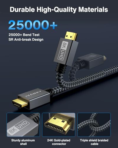 IVANKY 10K 8K HDMI Cable 10 ft, 48Gbps HDMI 2.1 Cable 10ft Ultra High Speed, 8K@60Hz, 4K@120Hz, HDR/eARC/HDCP 2.2&2.3, Braided HDMI Cord 10ft Compatible for Roku TV/PS5/Xbox/Laptop/Monitor/PC/Switch - size: 10 feet