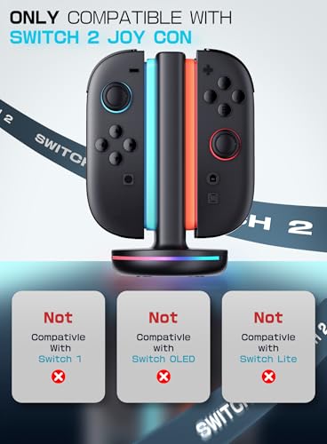 Mumba Magnetic Charging Station Compatible with Nintendo Switch 2, 4-in-1 Fast Charging Dock for Joy-Con Controllers, Dual-Direction Design with 9 RGB Lights, Overcharge Protection & USB-C Cable