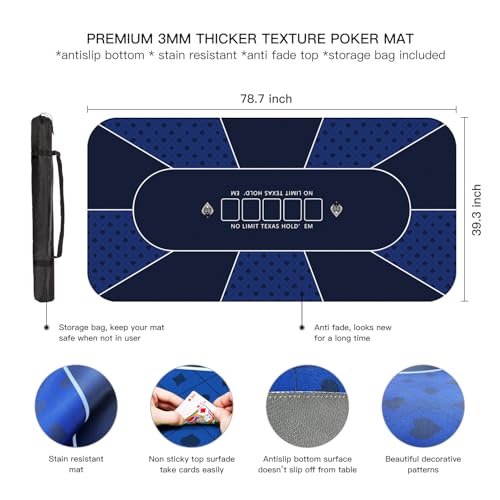 YUZPKRSI 79 x 39 Inch Blue Poker Mat, 8 Players Texas Hold'em Poker Rubber Mat Poker Topper for Tables, Folding Portable Poker Table Top Layout w/Carrying Bag for Poker Games, Casino - color: Dark Blue