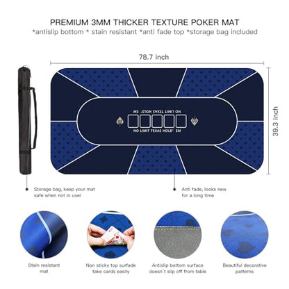 YUZPKRSI 79 x 39 Inch Blue Poker Mat, 8 Players Texas Hold'em Poker Rubber Mat Poker Topper for Tables, Folding Portable Poker Table Top Layout w/Carrying Bag for Poker Games, Casino - color: Dark Blue