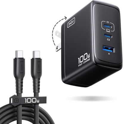 INIU 100W GaN USB C Charger, 3-Port Compact Fast Charging Block with 5ft 100W USB C Cable, Foldable Travel Laptop Charger for MacBook Pro Air 15 14, iPhone 17 16 Pro Max Samsung S26 S25 Dell etc Black - color: Black