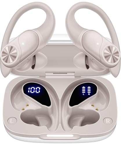 PocBuds Bluetooth Headphones Wireless Earbuds 80hrs Playtime Wireless Charging Case Digital Display Sport Ear Buds with Earhook Deep Bass IPX7 Waterproof Over-Ear Earphones for Phone Laptop Beige - color: Beige, style: Standard