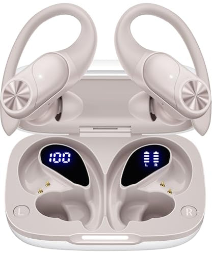 PocBuds Bluetooth Headphones Wireless Earbuds 80hrs Playtime Wireless Charging Case Digital Display Sport Ear Buds with Earhook Deep Bass IPX7 Waterproof Over-Ear Earphones for Phone Laptop Beige - color: Beige, style: Standard