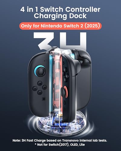 TRANSNOVO Charging Dock for Nintendo Switch 2 Joycons, 4 in 1 Dual-Side Magnetic Fast Controller Charger Station with 9 RGB Modes & Circuit Protection, Switch 2 Accessories for Joy Cons, Black - size: Round
