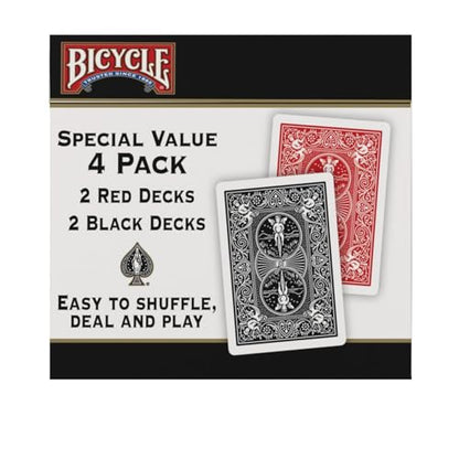 Bicycle Playing Cards 4 Pack Standard Index Poker Size Red and Black | Air Cushion Finish, Made in USA, 2 red and 2 black decks, 52 cards plus 2 Jokers per deck, For all card games