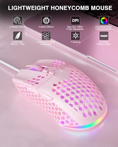 SOLAKAKA SM900 Wired Gaming Mouse with Honeycomb Shell,12800 DPI,7 Programmable Buttons,Lightweight Gaming Mice Ergonomic Computer Mouse Gaming for Windows/PC/Mac/Laptop Gamer (Pink) - color: 2Pink