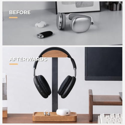 muso wood Oak Headphone Stand, Wood Headset Stand with Storage Base, Headphones Holder for Gaming, Office, and Home Desk - Compatible with AirPods Max, Bose, Razer (Oak Wood) - color: Oak wood