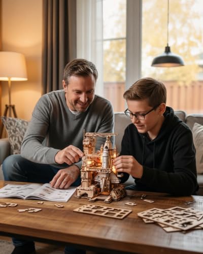ROKR 3D Wooden Puzzles Space Shuttle-Dynamic Launch Base with Motorized Lift, LED Light Effects, 1:420 Scale Collectible Building Kit Airplane Wooden Puzzles Gift for Adults