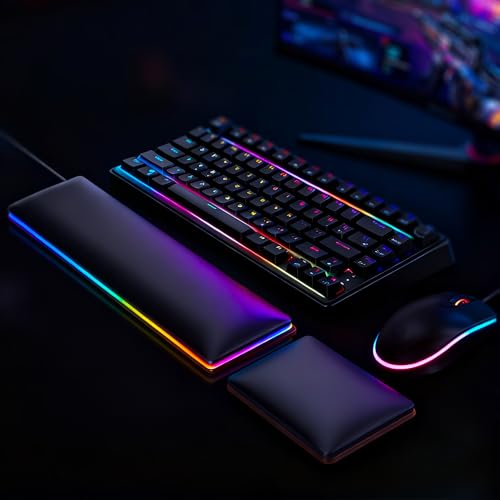 ASFSKY RGB Keyboard and Mouse Wrist Rest Set for 60%-75% Compact Keyboards – Ergonomic Wooden Support Pad with PU Leather & Memory Foam, Anti-Slip Rubber Base for Gaming, Office & Typing Pain Relief - style: RGB