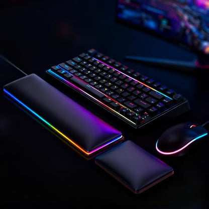 ASFSKY RGB Keyboard and Mouse Wrist Rest Set for 60%-75% Compact Keyboards – Ergonomic Wooden Support Pad with PU Leather & Memory Foam, Anti-Slip Rubber Base for Gaming, Office & Typing Pain Relief - style: RGB