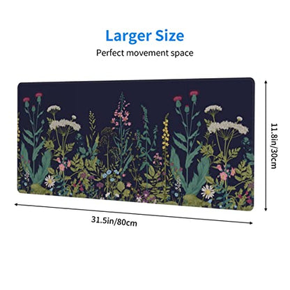 Flower Extended Gaming Mouse Pad Abstract Black Desk Mat 31.5x11.8 Inch Floral Texture Non-Slip Rubber Base Weeds Mousepad Stitched Edges Keyboard Mouse Mat Desk Pad for Office Home Game - color: Flower