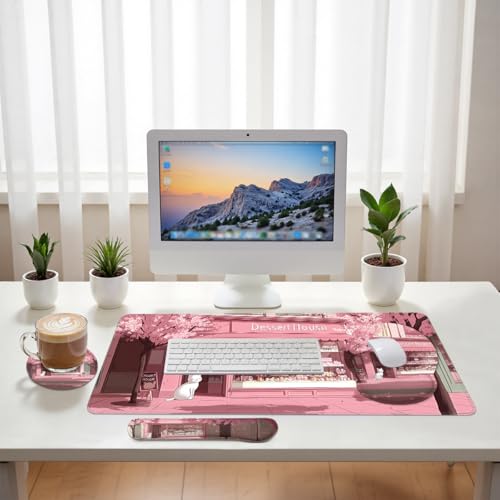 Cherry Blossom Mouse Pad Set Cute Cat Japanese Dessert Shop Street Gaming Mousepad 4in1 Desk Mat for Desktop Anti-Slip XXL Big Computer Ergonomic Mousepad with Wrist Support for Keyboard and Mouse - color: Cherry Blossom, size: 35.4L x 15.7W inches