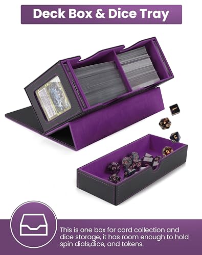MRAUF MTG Deck Box with Double Commander Display and Dice Tray, Fits 200+ Double Sleeved Cards, Card Storage Box Plus 2 Magnetic Holders& 100Pcs Card Sleeves (Black& Purple) - color: Black& Purple
