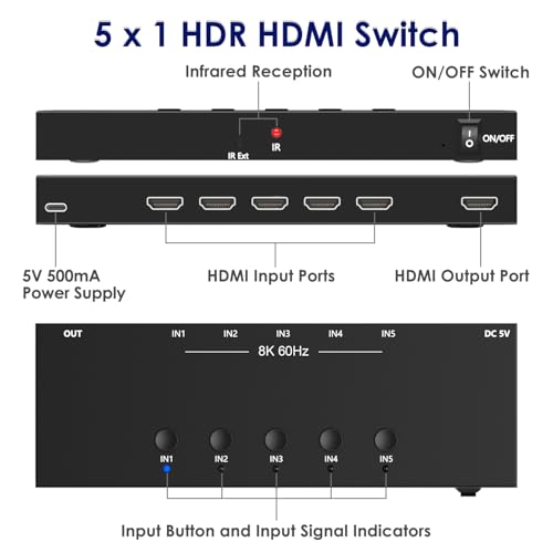 8K@60Hz HDMI 2.1 Switch 5 in 1 Out, 48Gbps Ultra HD 4K 120Hz, HDR10/Dolby Vision, 3D, Supports DTS-HD, Dolby TrueHD Compatible with PS5/4 Xbox Nintendo Switch Roku Apple TV Fire Stick Gaming PC - size: 8K@60Hz 5 in 1 Out HDMI Switch
