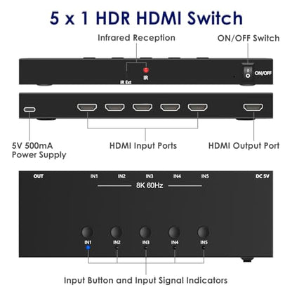 8K@60Hz HDMI 2.1 Switch 5 in 1 Out, 48Gbps Ultra HD 4K 120Hz, HDR10/Dolby Vision, 3D, Supports DTS-HD, Dolby TrueHD Compatible with PS5/4 Xbox Nintendo Switch Roku Apple TV Fire Stick Gaming PC - size: 8K@60Hz 5 in 1 Out HDMI Switch