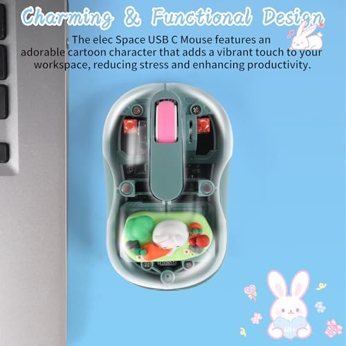 elec Space Cute Wireless USB C Mouse - Bluetooth Triple Mode Rechargeable Cartoon Mouse for Laptops, iPads & MacBook Air/Pro - Silent Operation, Portable Design, Unique Magnetic Character (Green) - color: green
