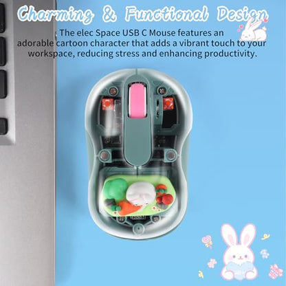 elec Space Cute Wireless USB C Mouse - Bluetooth Triple Mode Rechargeable Cartoon Mouse for Laptops, iPads & MacBook Air/Pro - Silent Operation, Portable Design, Unique Magnetic Character (Green) - color: green