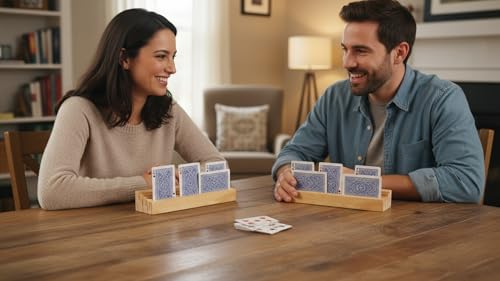 Set of 2 Wooden Playing Card Holders - 4 Tier Card Rack Deck Stand For Adults, Seniors - Hands Free Card Display Tray Game Organizer for Canasta Bridge Poker Uno Go Fish, Family Strategy Card Night