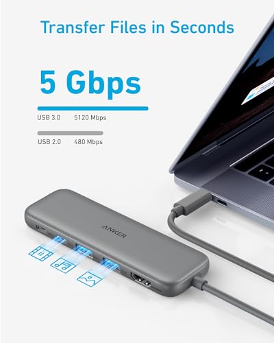 Anker USB C Hub, 5-in-1 USBC to HDMI Splitter with 4K Display, 1 x Powered USB-C 5Gbps & 2×Powered USB-A 3.0 5Gbps Data Ports for MacBook Pro, MacBook Air, Dell and More (Grey) - color: Grey