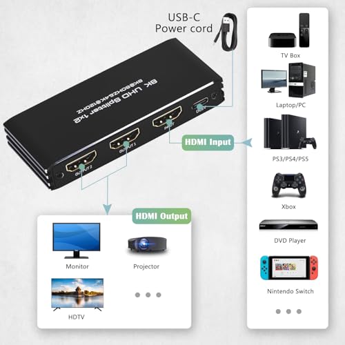8K@60Hz HDMI Splitter 1 in 2 Out, 1x2 HDMI 2.1 Splitter Support 4K@120Hz, 1080P@240Hz VRR HDCP2.3 HDR HDR10 48Gbps EDID Dolby Atmos 7.1ch - size: 1x2