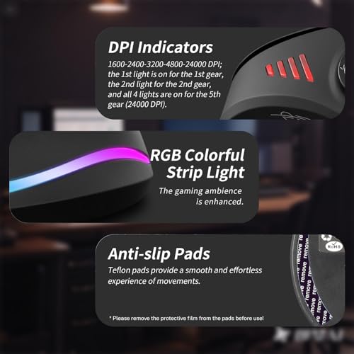 Gaming Mouse with 5 D Rocker, Wireless Vertical Mouse with [24000 DPI] [12 Programmable Buttons], Computer Mouse for Gamer/PC/E-Sports/Laptop (Black) - color: Black