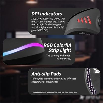 Gaming Mouse with 5 D Rocker, Wireless Vertical Mouse with [24000 DPI] [12 Programmable Buttons], Computer Mouse for Gamer/PC/E-Sports/Laptop (Black) - color: Black