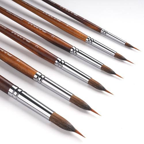 Watercolor Brushes Professional, Fuumuui 6Pcs Extended Needle Point Brushes Synthetic Extra Long Pinhead Brush with Sable Body for Fine Detailing - Watercolor Acrylic Gouache Inks Painting - color: Brown-6pcs