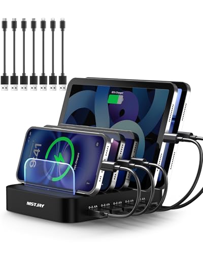 MSTJRY Charging Station for Multiple Devices : 5 Port Multi USB-A Charger Stations Multi-Device Organizer Charging Dock Designed for iPhone iPad Cell Phone Tablets (7 Short Cables Included), Black - color: black